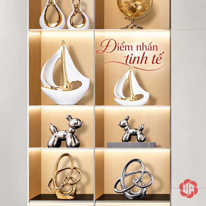 Tượng Decor Cánh Buồm Xuôi Gió Gốm Sứ Trắng Vàng UP053-A Tượng decor cánh buồm xuôi gió đặt ở hai ô kệ có đèn