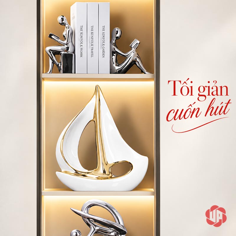Tượng Decor Cánh Buồm Xuôi Gió Gốm Sứ Trắng Vàng UP053-A Tượng decor cánh buồm xuôi gió đặt riêng dưới ô kệ sách