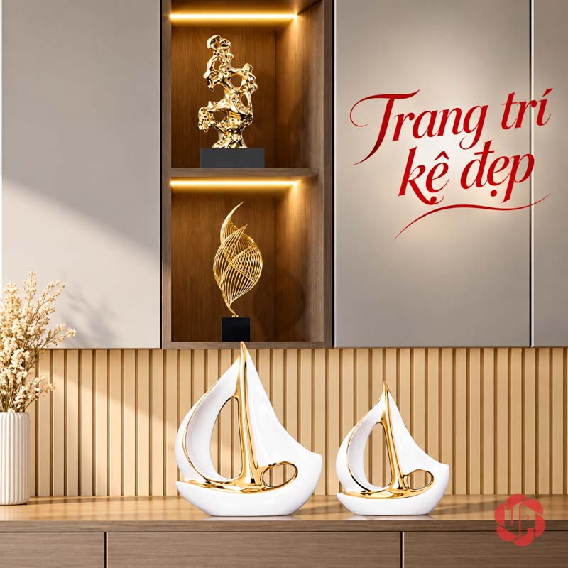 Tượng Decor Cánh Buồm Xuôi Gió Gốm Sứ Trắng Vàng UP053-A Tượng decor cánh buồm xuôi gió phối đôi trên tủ dưới kệ trưng bày