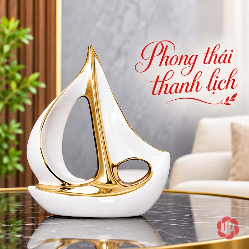 Tượng Decor Cánh Buồm Xuôi Gió Gốm Sứ Trắng Vàng UP053-A Tượng decor cánh buồm xuôi gió trắng vàng đặt riêng trên mặt bàn