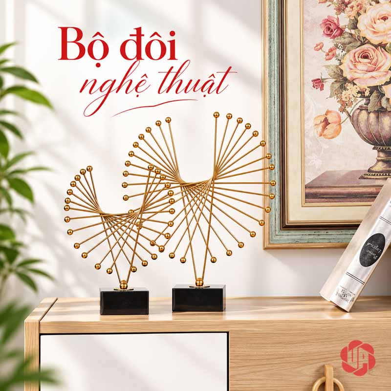 Tượng Decor Cánh Chim Bay Màu Vàng Kim UP052 Tượng decor cánh chim bay phối đôi trên tủ gỗ cạnh tranh hoa