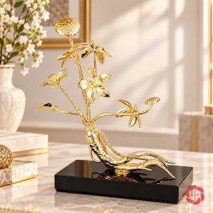 Tượng cây nhân sâm vàng với rễ uốn trên đế đen
