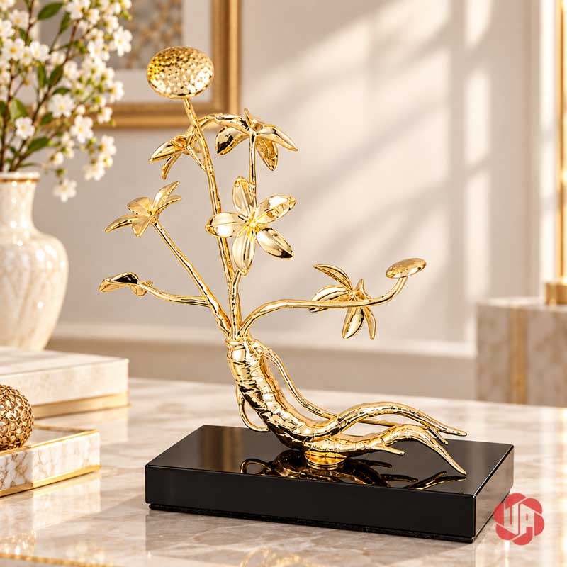 Tượng Decor Cây Nhân Sâm Đế Đá UP073V Tượng cây nhân sâm vàng với rễ uốn trên đế đen