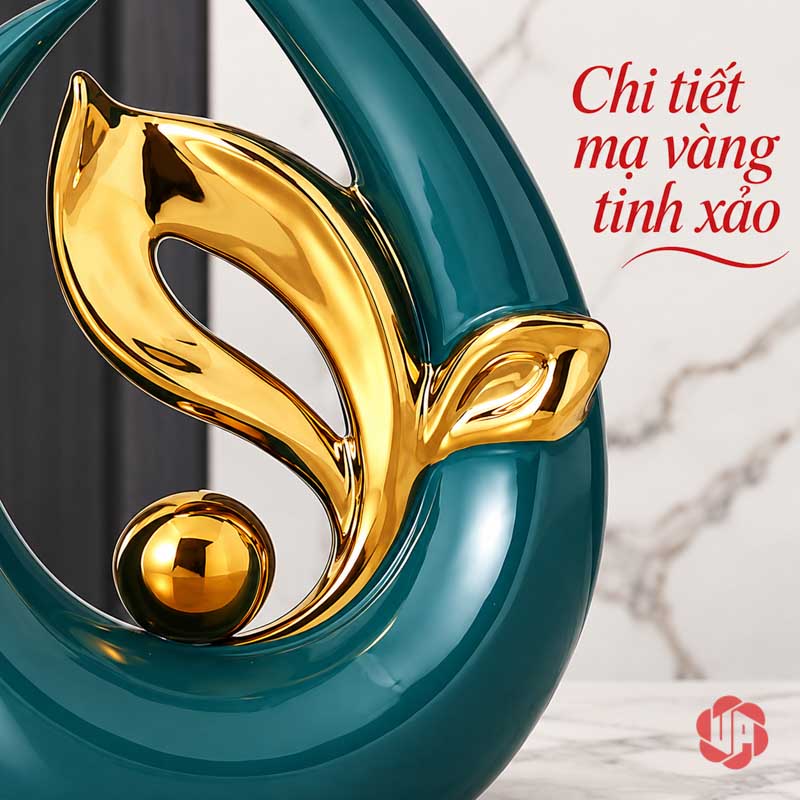 Tượng Decor Trang Trí Nghệ Thuật Chồi Non UP061V Tượng decor chồi non cận cảnh lá vàng và quả cầu trên thân xanh