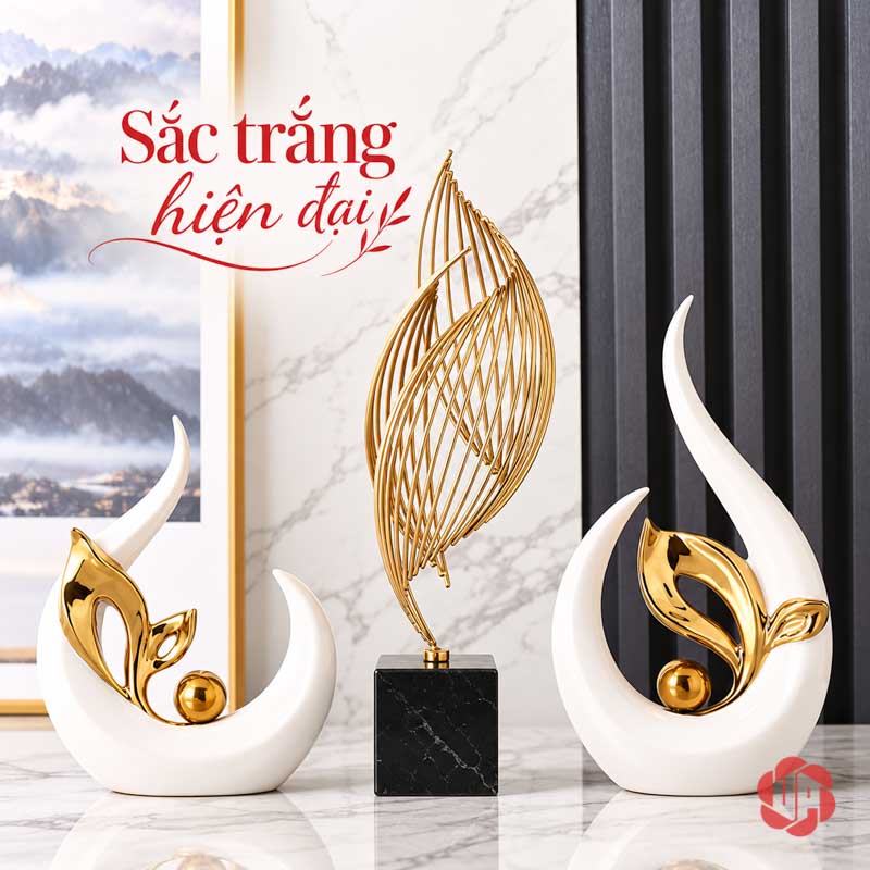 Tượng Decor Trang Trí Nghệ Thuật Chồi Non UP061V Tượng decor chồi non trắng phối tượng lá vàng trên đế đen