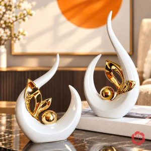 Tượng decor chồi non trắng vàng bày đôi trên bàn