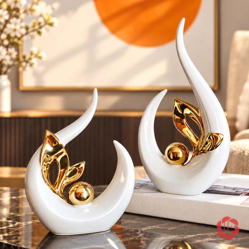 Tượng Decor Trang Trí Nghệ Thuật Chồi Non UP061V Tượng decor chồi non trắng vàng bày đôi trên bàn