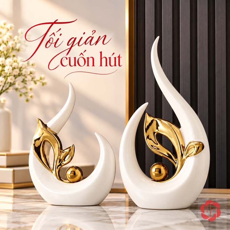 Tượng Decor Trang Trí Nghệ Thuật Chồi Non UP061V Tượng decor chồi non trắng vàng bên cành hoa nhỏ