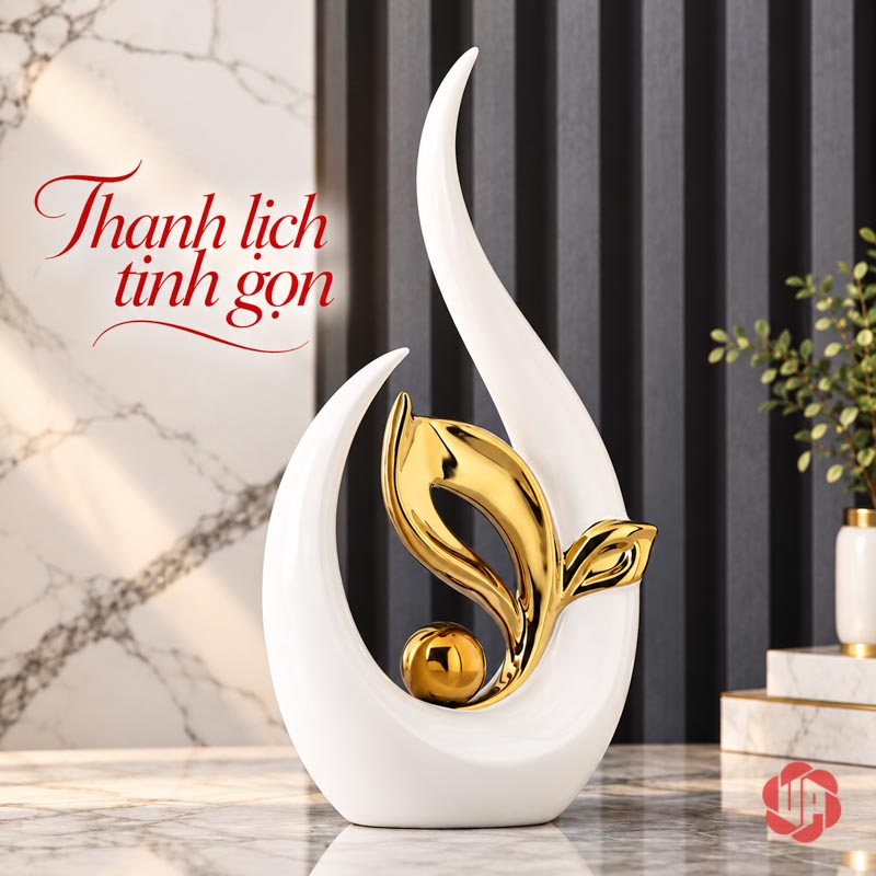 Tượng Decor Trang Trí Nghệ Thuật Chồi Non UP061V Tượng decor chồi non trắng vàng dáng cao nhìn chính diện