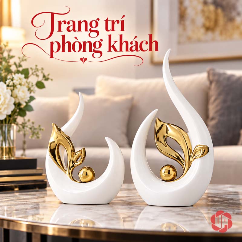Tượng Decor Trang Trí Nghệ Thuật Chồi Non UP061V Tượng decor chồi non trắng vàng trên bàn trước sofa