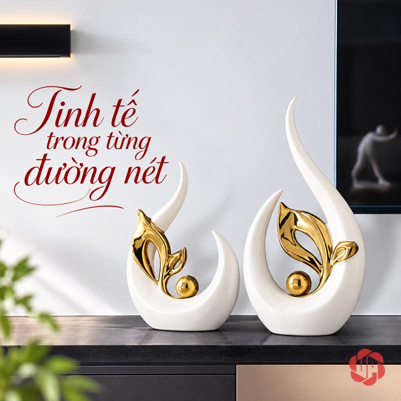 Tượng Decor Trang Trí Nghệ Thuật Chồi Non UP061V Tượng decor chồi non trắng vàng trên kệ tối màu
