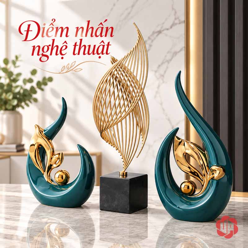 Tượng Decor Trang Trí Nghệ Thuật Chồi Non UP061V Tượng decor chồi non xanh cùng tượng lá vàng trên bàn