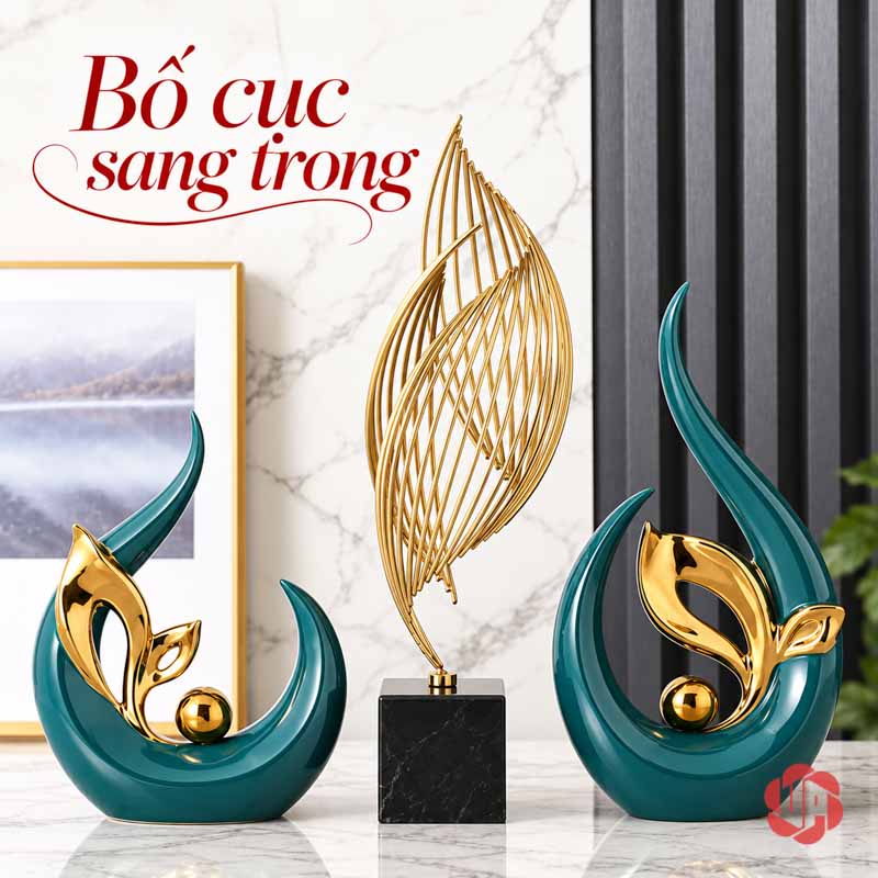 Tượng Decor Trang Trí Nghệ Thuật Chồi Non UP061V Tượng decor chồi non xanh phối tượng lá vàng ở giữa