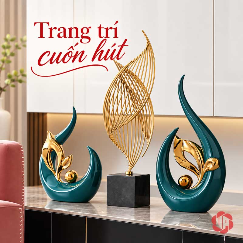 Tượng Decor Trang Trí Nghệ Thuật Chồi Non UP061V Tượng decor chồi non xanh và tượng lá vàng trước ghế hồng