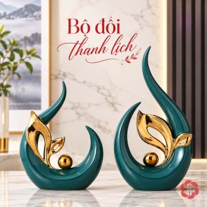 Tượng decor chồi non xanh vàng bày đôi trước nền vân đá