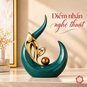 Tượng decor chồi non xanh vàng dáng thấp trên mặt bàn