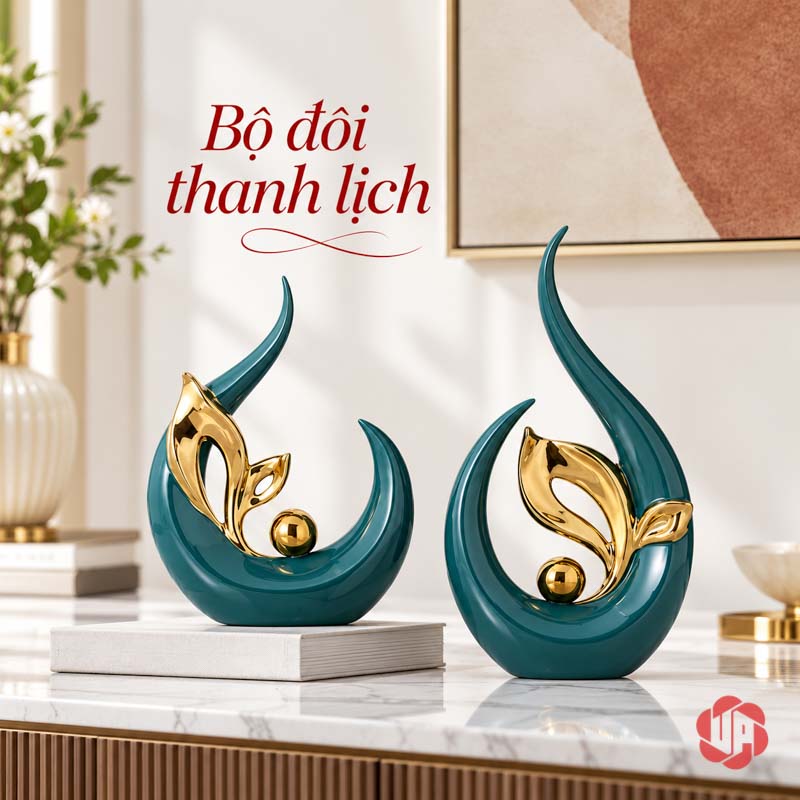 Tượng Decor Trang Trí Nghệ Thuật Chồi Non UP061V Tượng decor chồi non xanh vàng phối cùng sách thấp