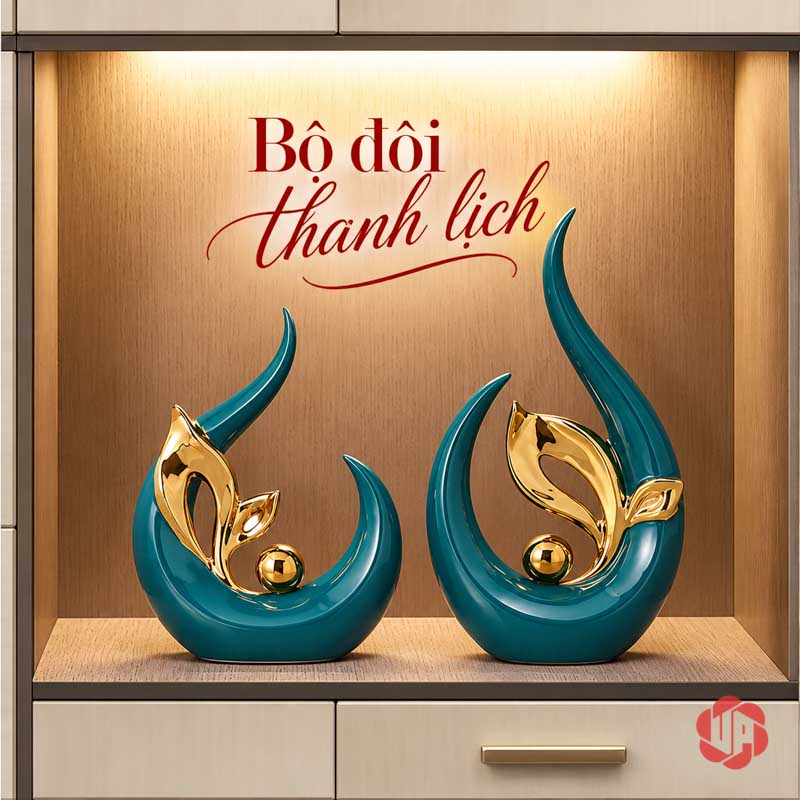 Tượng Decor Trang Trí Nghệ Thuật Chồi Non UP061V Tượng decor chồi non xanh vàng trong ô kệ gỗ có đèn