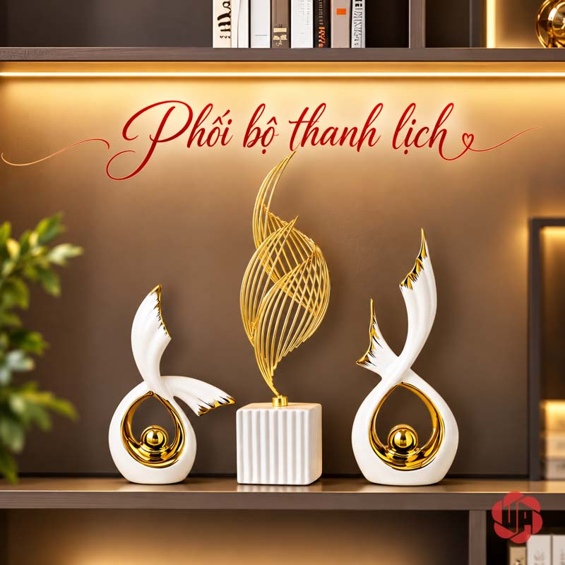 Tượng Decor Đôi Cánh Chim Bay Gốm Sứ UP075V Tượng decor đôi cánh chim bay phối ngọn lửa trên kệ có đèn