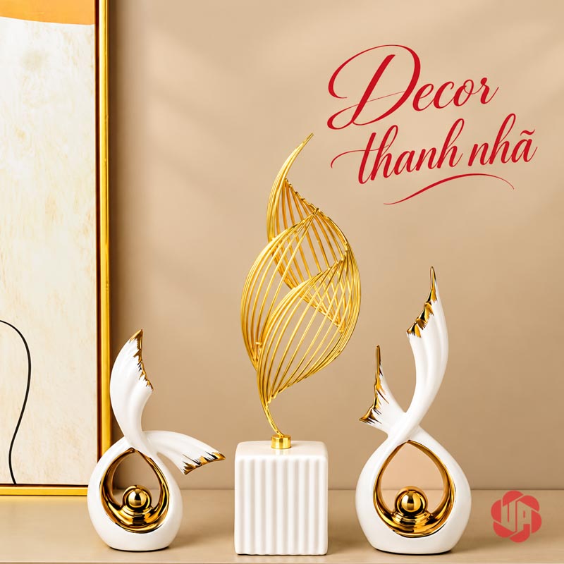 Tượng Decor Đôi Cánh Chim Bay Gốm Sứ UP075V Tượng decor đôi cánh chim bay phối ngọn lửa vàng đế trụ trắng