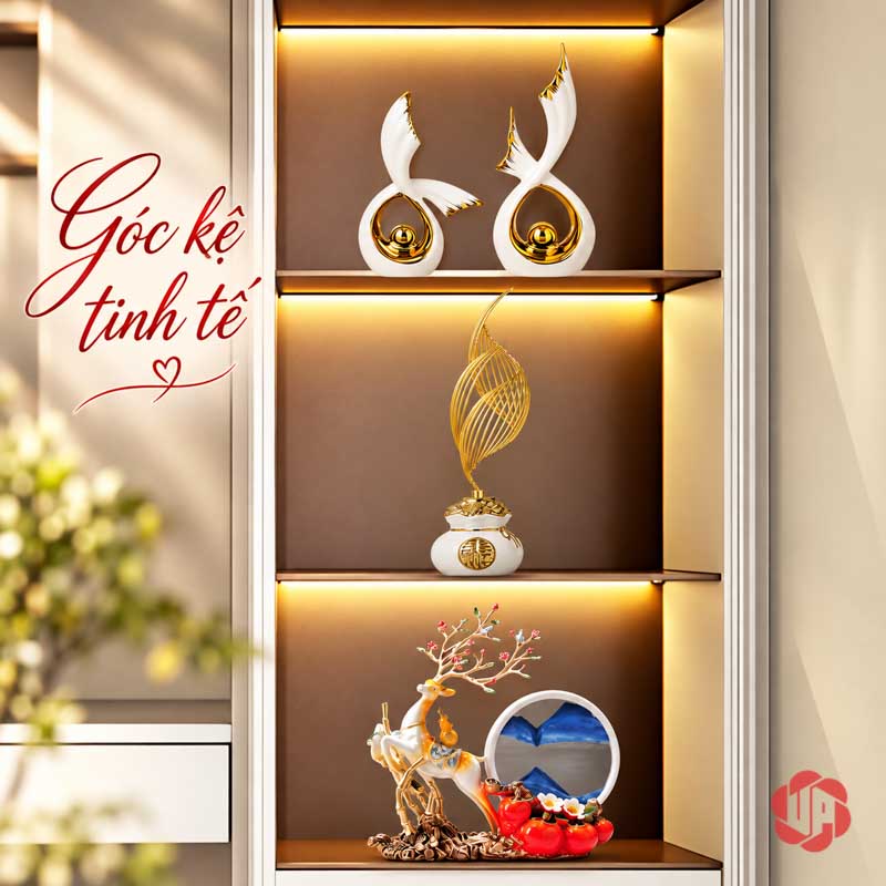 Tượng Decor Đôi Cánh Chim Bay Gốm Sứ UP075V Tượng decor đôi cánh chim bay trên ô kệ có đèn phía trên