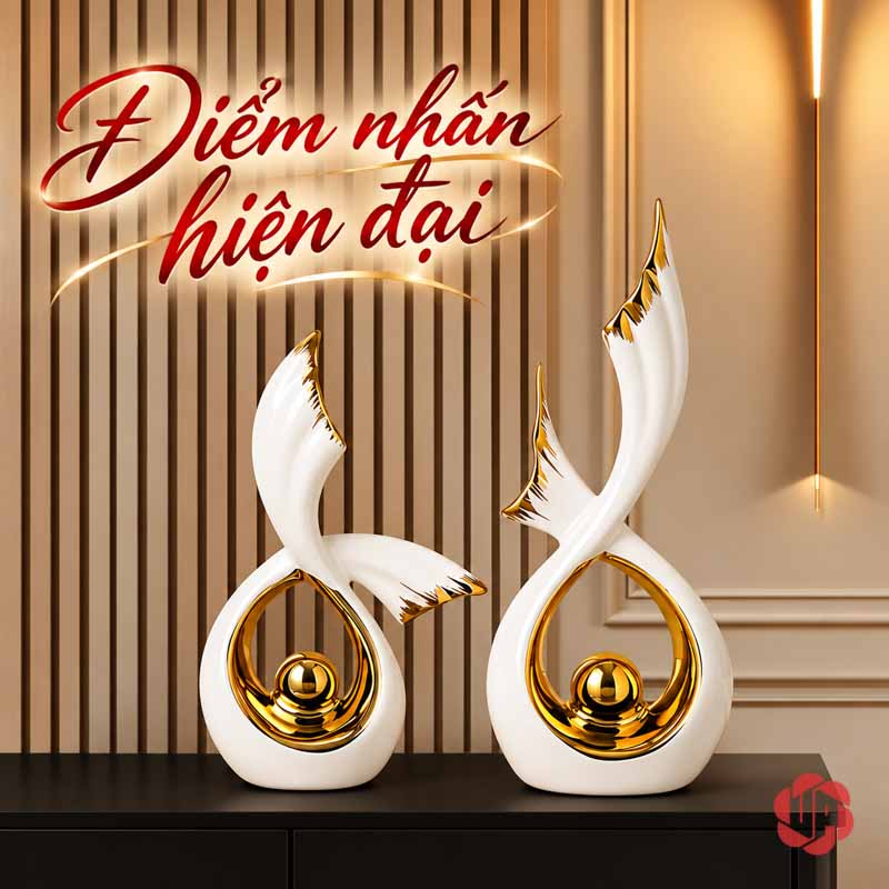 Tượng Decor Đôi Cánh Chim Bay Gốm Sứ UP075V Tượng decor đôi cánh chim bay trên tủ đen trước vách nan gỗ