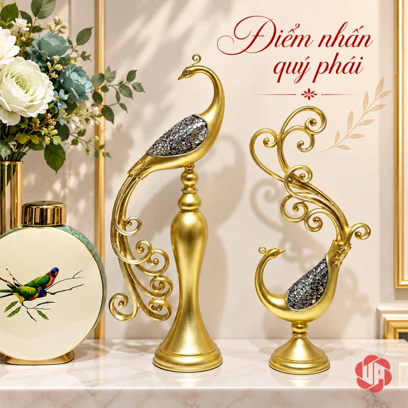 Tượng Decor Đôi Chim Công Phú Quý Vàng Ánh Bạc UPV076 Bộ đôi công vàng trên mặt tủ cạnh hoa và phụ kiện decor