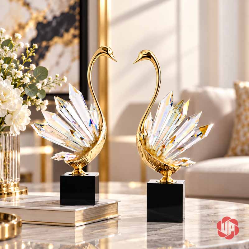 Tượng Decor Đôi Chim Thiên Nga Cao Cấp, Đồng Và Pha Lê UPD072-A Đôi thiên nga cổ vàng, đuôi pha lê xòe trên chân đế đen bên bàn sáng