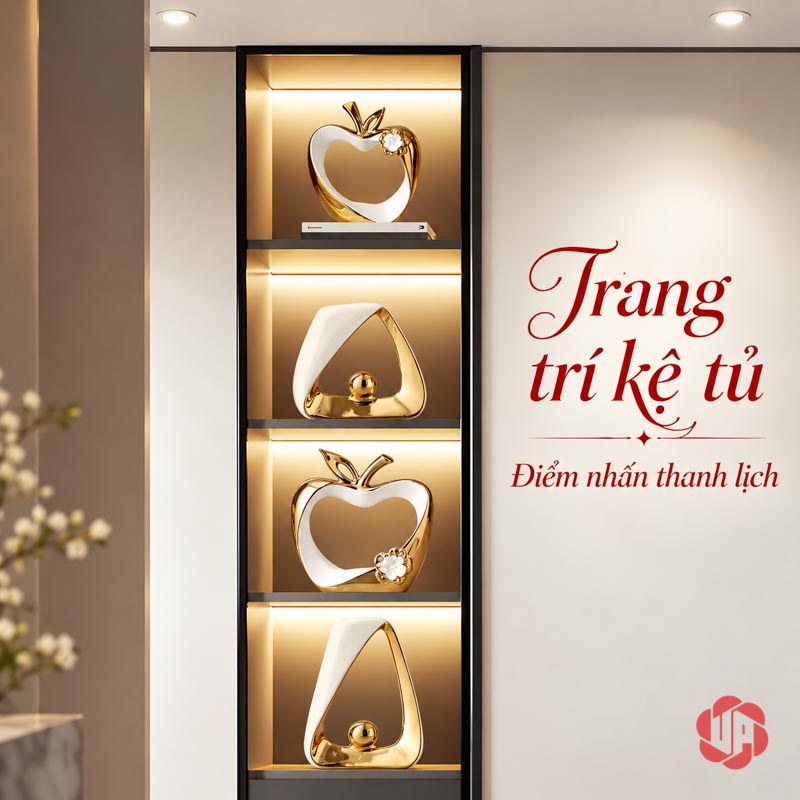 Tượng Decor Đôi Táo Tình Yêu Trắng Vàng UP045-DB Tượng decor đôi táo tình yêu đặt tách tầng cùng tượng khác trên kệ đèn