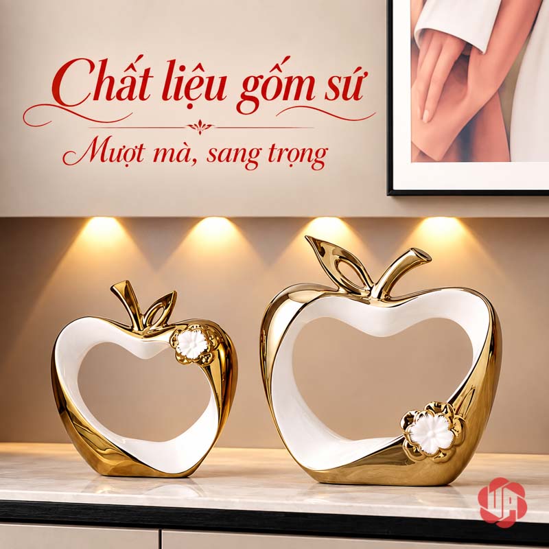 Tượng Decor Đôi Táo Tình Yêu Trắng Vàng UP045-DB Tượng decor đôi táo tình yêu gốm sứ trên mặt tủ dưới ánh đèn ấm