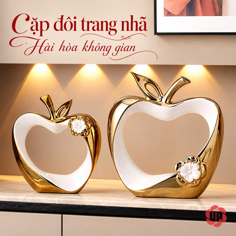 Tượng Decor Đôi Táo Tình Yêu Trắng Vàng UP045-DB Tượng decor đôi táo tình yêu nhỏ bên trái lớn bên phải dưới đèn tủ