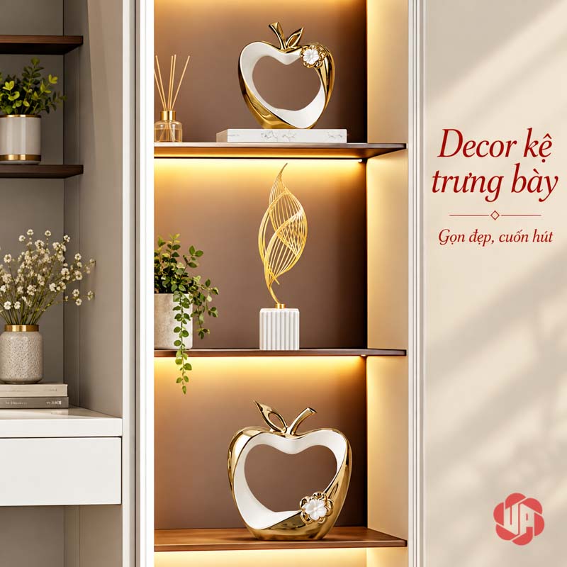 Tượng Decor Đôi Táo Tình Yêu Trắng Vàng UP045-DB Tượng decor đôi táo tình yêu phối tách tầng với tượng vàng dạng xoắn