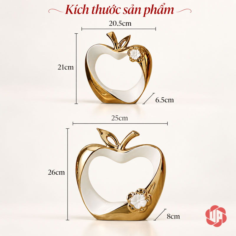 Tượng Decor Đôi Táo Tình Yêu Trắng Vàng UP045-DB Tượng decor đôi táo tình yêu trong ảnh kích thước riêng từng quả