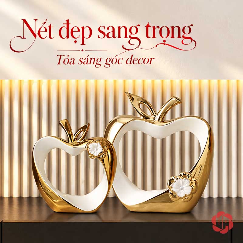 Tượng Decor Đôi Táo Tình Yêu Trắng Vàng UP045-DB Tượng decor đôi táo tình yêu trước nền sách sáng màu