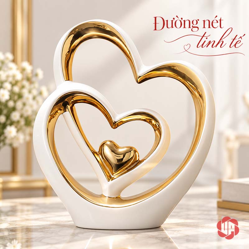 Tượng Decor Đôi Trái Tim Trắng Vàng UP062V Tượng decor đôi trái tim lồng ghép nhìn chính diện
