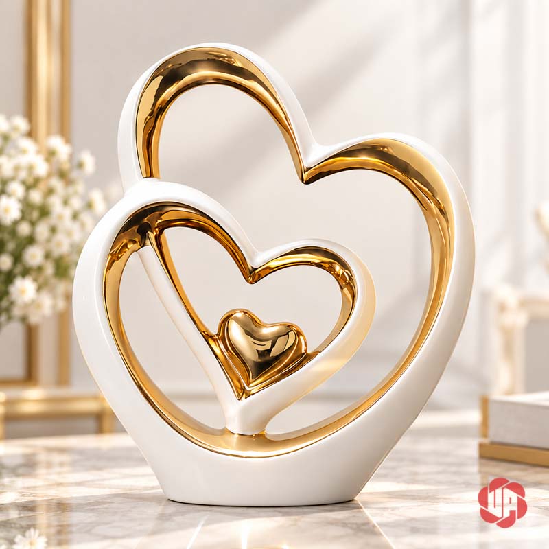 Tượng Decor Đôi Trái Tim Trắng Vàng UP062V Tượng decor đôi trái tim trắng vàng trên bàn sáng