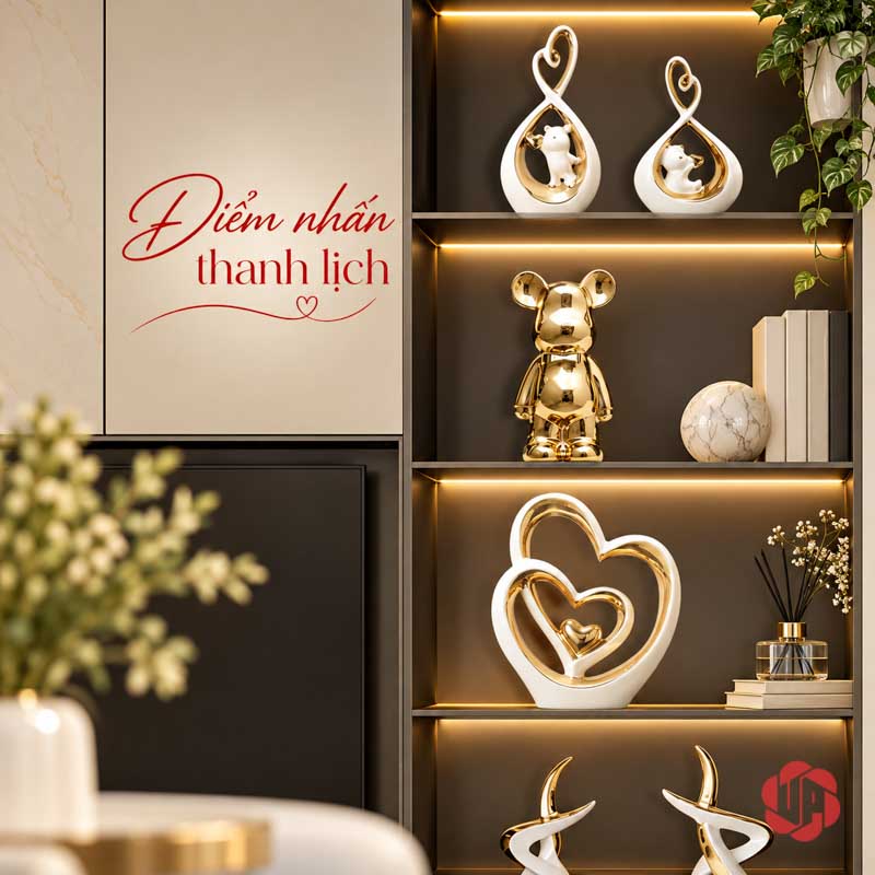 Tượng Decor Đôi Trái Tim Trắng Vàng UP062V Tượng decor đôi trái tim trong ô tủ có đèn