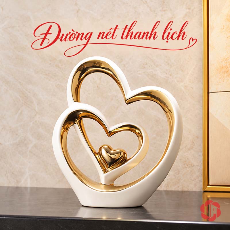 Tượng Decor Đôi Trái Tim Trắng Vàng UP062V Tượng decor đôi trái tim trước tường màu kem