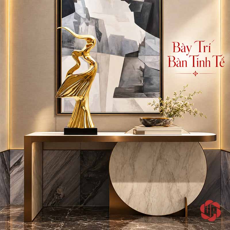 Tượng Decor Nghệ Thuật Tinh Thần Phấn Chấn UP056 Tượng decor mạ vàng bên trái bàn console dưới tranh trừu tượng