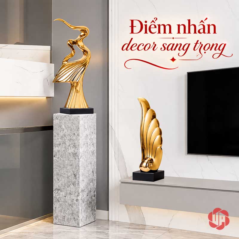 Tượng Decor Nghệ Thuật Tinh Thần Phấn Chấn UP056 Tượng decor mạ vàng trên bục cao cạnh khu vực tivi