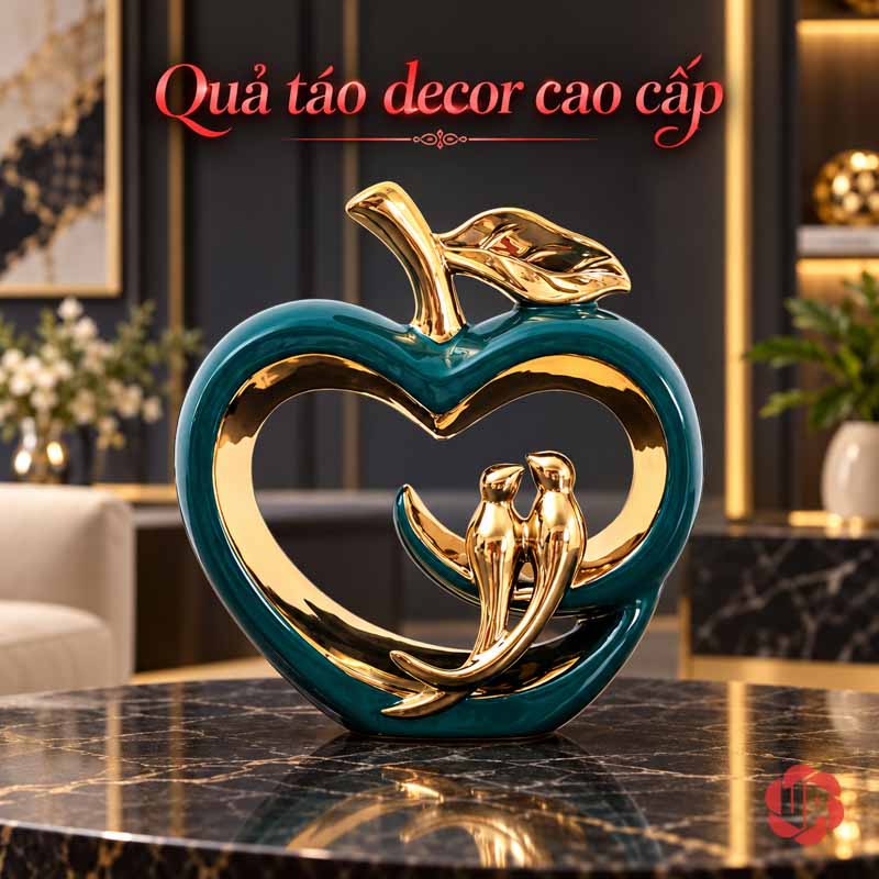Tượng Decor Quả Táo Uyên Ương Gốm Sứ Xanh Phối Vàng UP050 Tượng decor quả táo uyên ương đặt trên mặt bàn tối màu