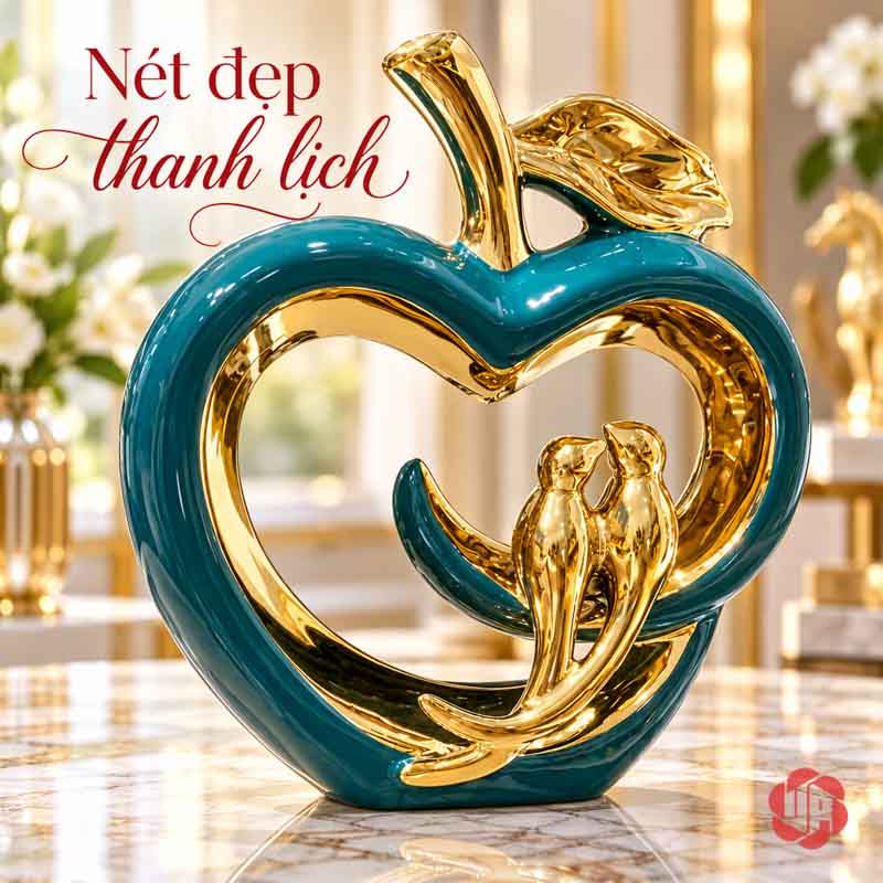 Tượng Decor Quả Táo Uyên Ương Gốm Sứ Xanh Phối Vàng UP050 Tượng decor quả táo uyên ương góc nghiêng thấy đuôi chim uốn dài
