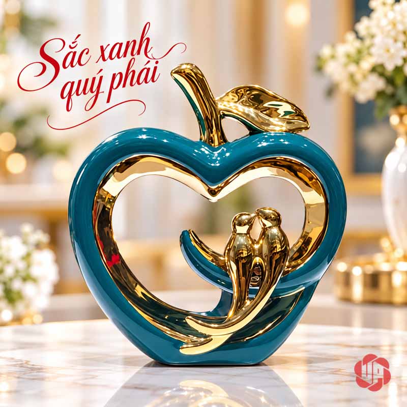 Tượng Decor Quả Táo Uyên Ương Gốm Sứ Xanh Phối Vàng UP050 Tượng decor quả táo uyên ương màu xanh nổi bật trên nền phòng sáng