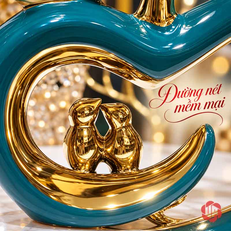 Tượng Decor Quả Táo Uyên Ương Gốm Sứ Xanh Phối Vàng UP050 Tượng decor quả táo uyên ương nhìn gần đôi chim trong khoảng rỗng