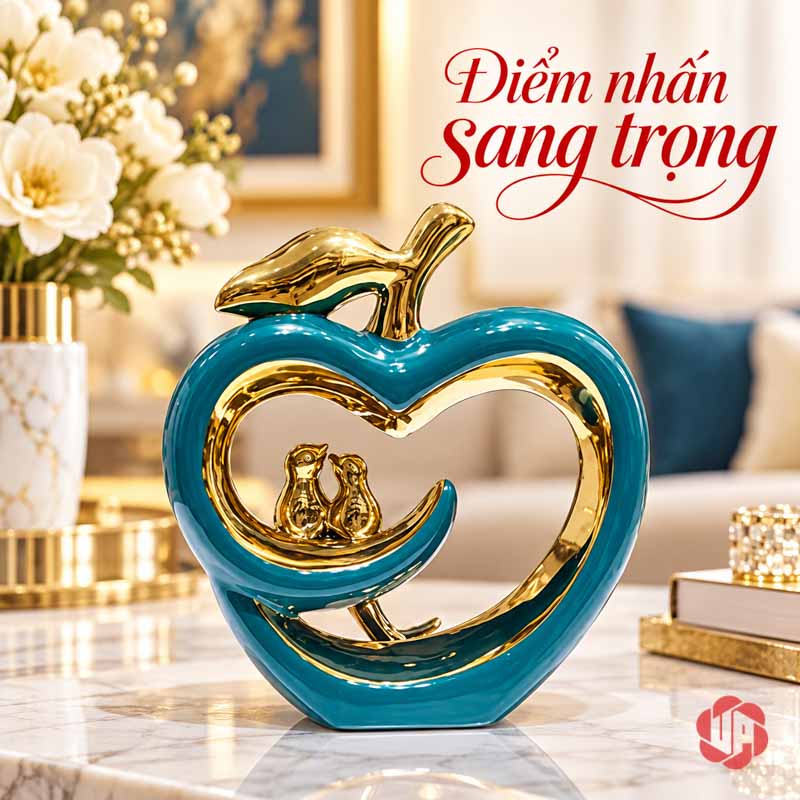 Tượng Decor Quả Táo Uyên Ương Gốm Sứ Xanh Phối Vàng UP050 Tượng decor quả táo uyên ương nhìn từ phía đối diện bên sách trang trí