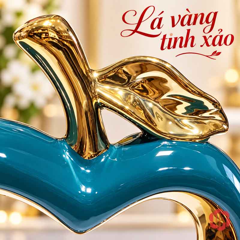 Tượng Decor Quả Táo Uyên Ương Gốm Sứ Xanh Phối Vàng UP050 Tượng decor quả táo uyên ương với cuống và lá màu vàng nhìn gần