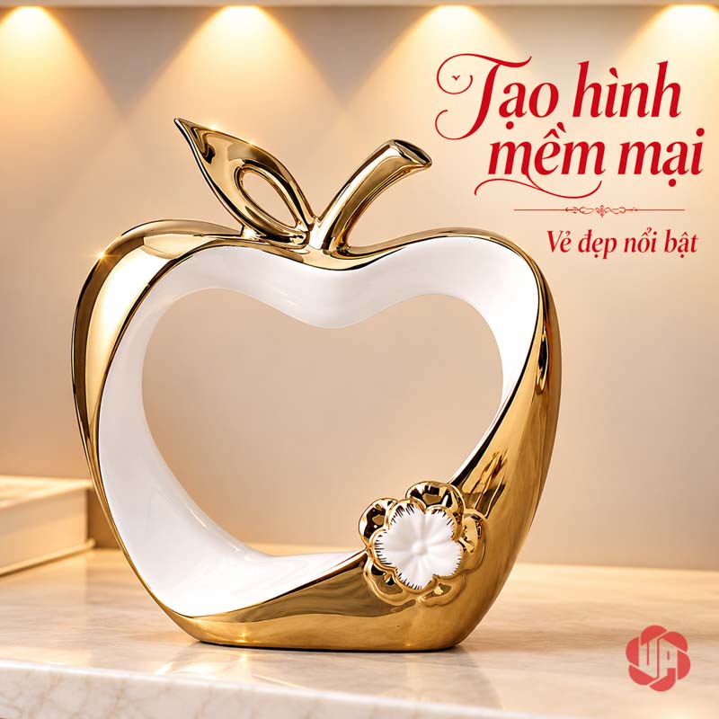 Tượng Decor Đôi Táo Tình Yêu Trắng Vàng UP045-DB Tượng decor táo tình yêu lớn với hoa nổi ở góc dưới bên phải