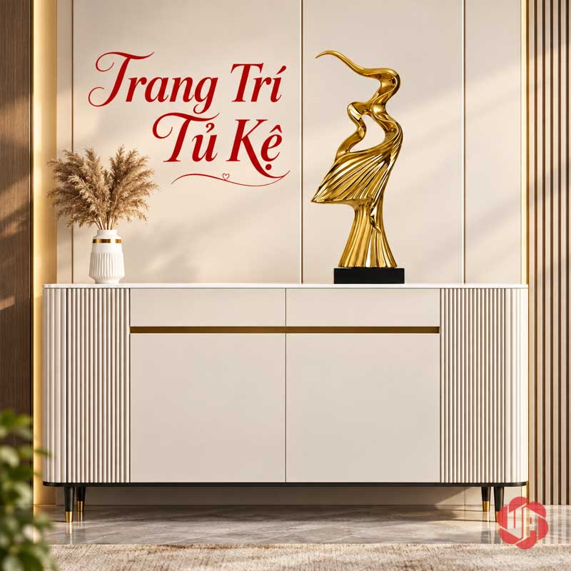 Tượng Decor Nghệ Thuật Tinh Thần Phấn Chấn UP056 Tượng decor Tinh thần phấn chấn trên tủ trắng cạnh bình hoa khô