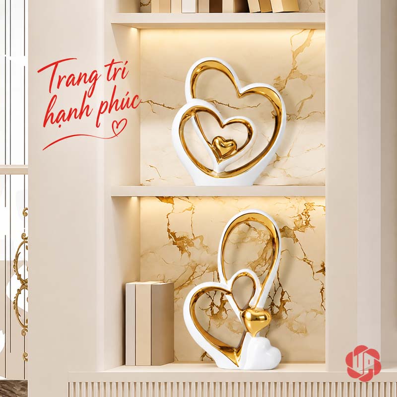 Tượng Decor Đôi Trái Tim Trắng Vàng UP062V Tượng decor trái tim bày ở hai tầng kệ sáng