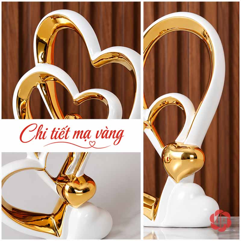 Tượng Decor Đôi Trái Tim Trắng Vàng UP062V Tượng decor trái tim cận cảnh đường viền và chi tiết vàng